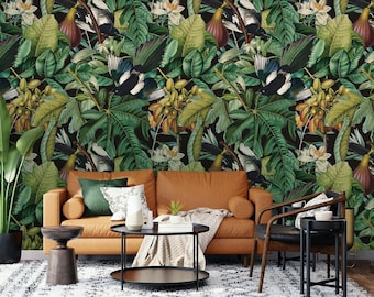 Dark Tropical Jungle Wallpaper with Fig Leaves, Fruit and Magpie - Botanical Peel and Stick, Large Scale Rainforest Decor #28
