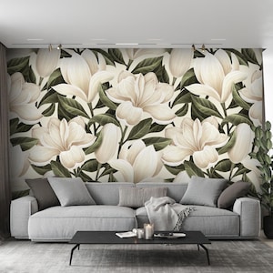 Magnolia Floral Wallpaper: Large White Leaves Design #127