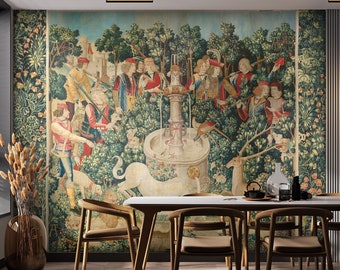 Unicorn Hunt Tapestry Wallpaper Mural: Medieval Renaissance Home Decor #73