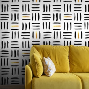 Carta da parati a righe scandinava - pennellate in bianco e nero con accenti dorati - decorazione murale moderna boho n. 41