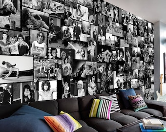 Rock and Roll Legends Wallpaper, Iconic Photos of Rock Musicians, Music Room Aesthetic Collage, Traditional or Removable Wallpaper #33