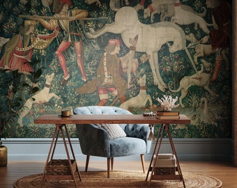 Medieval unicorn tapestry wallpaper, Embroidery аrt wallpaper, Vintage unicorn wall covering, Renaissance tapestry wall decor #49