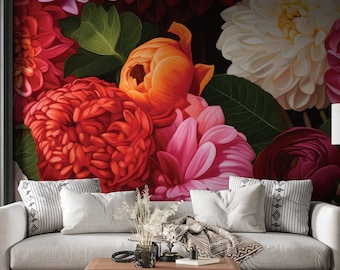 Grote kleurrijke bloemen, Peony bloesem behang, grote kleurrijke bloemen muurschildering, grootschalige pioenrozen, rozen en dahlia's in volle bloei #94