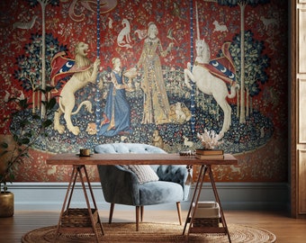 The Lady and the Unicorn Art Wallpaper, Unicorn Embroidery Tapestry Vintage Wallpaper, French Luxury Historical Wallpaper  #58