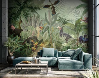 Tropical Paradise Wallpaper – Exotic Palms & Prehistoric Birds | Jungle-Themed Removable or Traditional Wall Mural #2