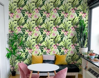 Lily & Palm Leaf Wallpaper: Tropical Wall Art in Two Colors #124