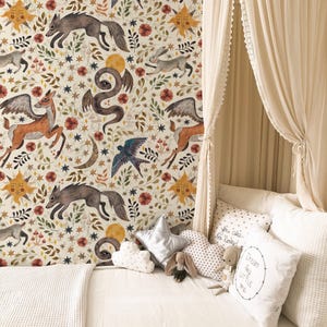Forest Fairytale Wallpaper: Watercolor Dragons, Stars & Woodland Animals, Kids Room or Nursery Mural #133