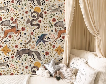 Forest Fairytale Wallpaper: Watercolor Dragons, Stars & Woodland Animals, Kids Room or Nursery Mural #133