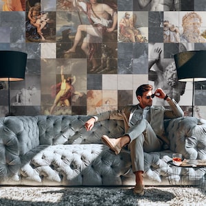 Ancient Greek Mythology Wallpaper, Marble Tile Design, Greek Gods Art, Luxury Wall Decor, Historical Collage Interior Wallpaper #115