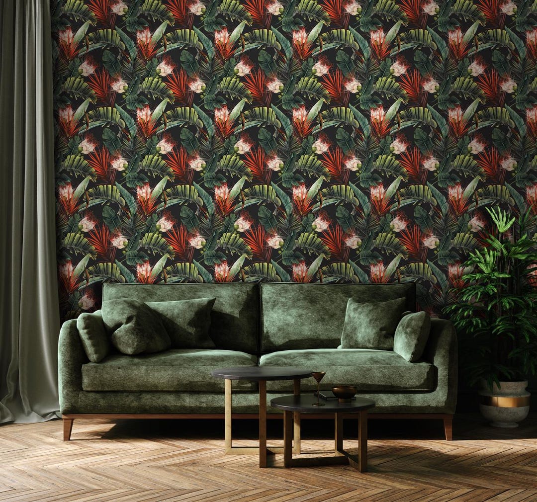Dark Tropical Wallpaper – Elegant Botanical Peel and Stick Wall Mural ...