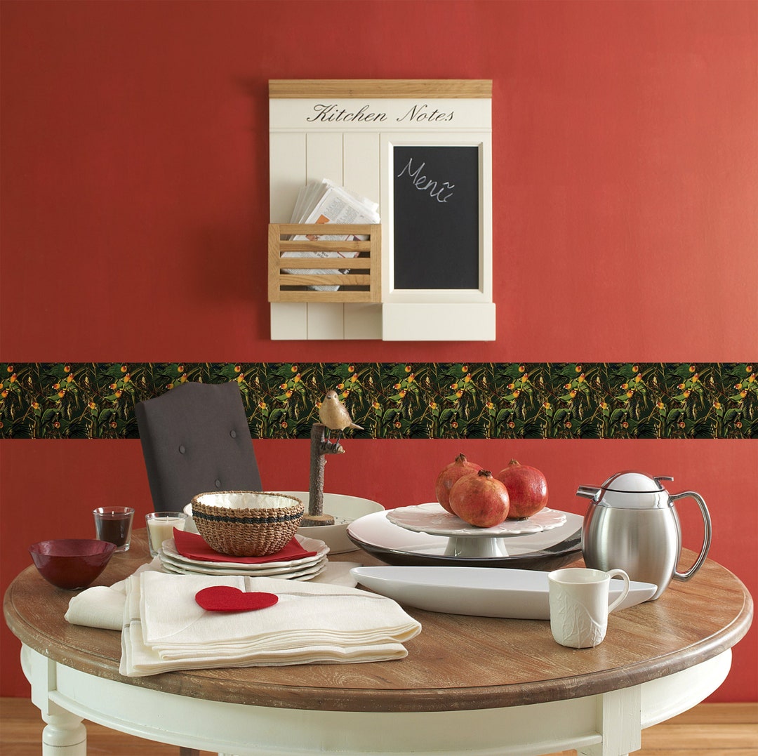 Birds Wallpaper Border, Dark Botanical Wall Decoration, Tropical