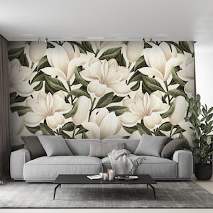 Carta da parati Magnolia – Carta da parati floreale grande staccabile e attaccabile – Design floreale con foglie verdi Carta da parati floreale delicata con magnolia n. 127