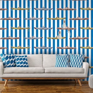 Blue Striped Watercolor Wallpaper, Vintage Submarines Blue Nautical ... - Richly Patterned Submarine Patterned Wallpaper