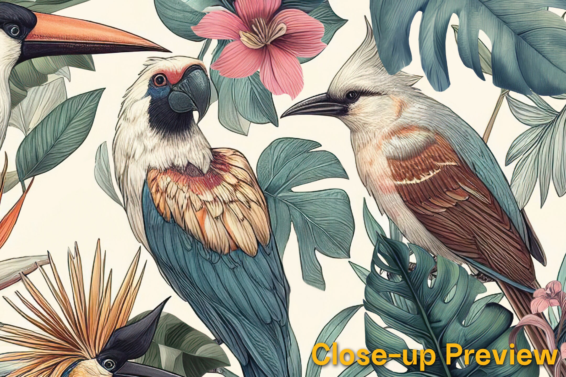 Tropical Paradise Wallpaper, Exotic Birds, Flowers and Palm