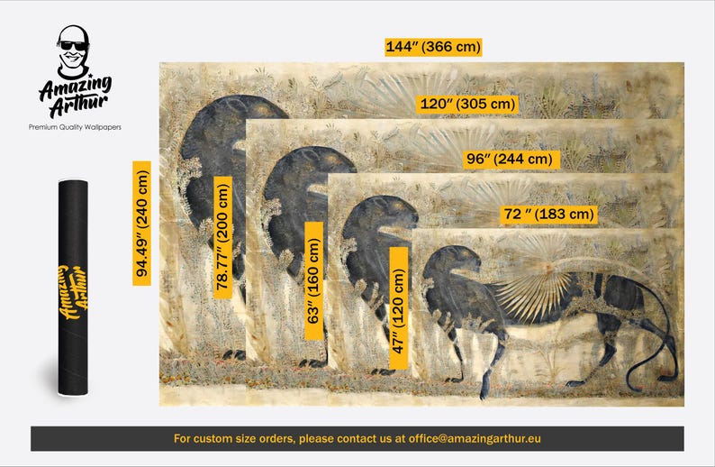 May include: Wallpaper samples featuring a stylized black and gold creature design, with size options from 47 inches (120 cm) to 144 inches (366 cm) wide. The Amazing Arthur logo is visible, along with the text "Premium Quality Wallpaper."