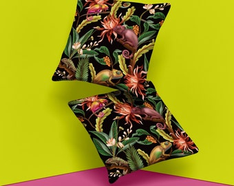 Colourful Chameleons Throw Pillow Cover, Exotic Tropical Floral  Luxury Pillow Cover, Botanical Decorative Pillow Case, Modern Cushion  #15