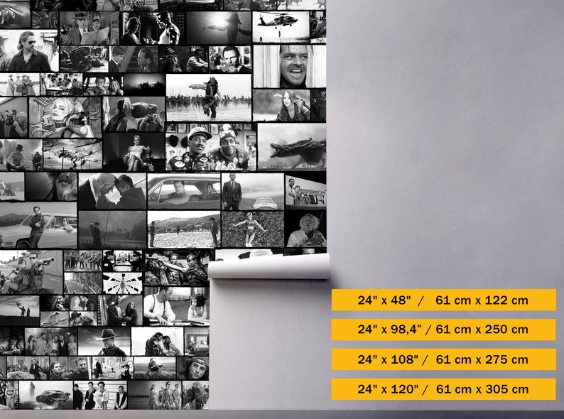 Può includere: Un collage in bianco e nero di foto di film con vari attori e scene. Il collage è organizzato in una griglia e include immagini di persone, auto e paesaggi. Il collage è stampato su uno sfondo bianco ed è disponibile in diverse dimensioni.