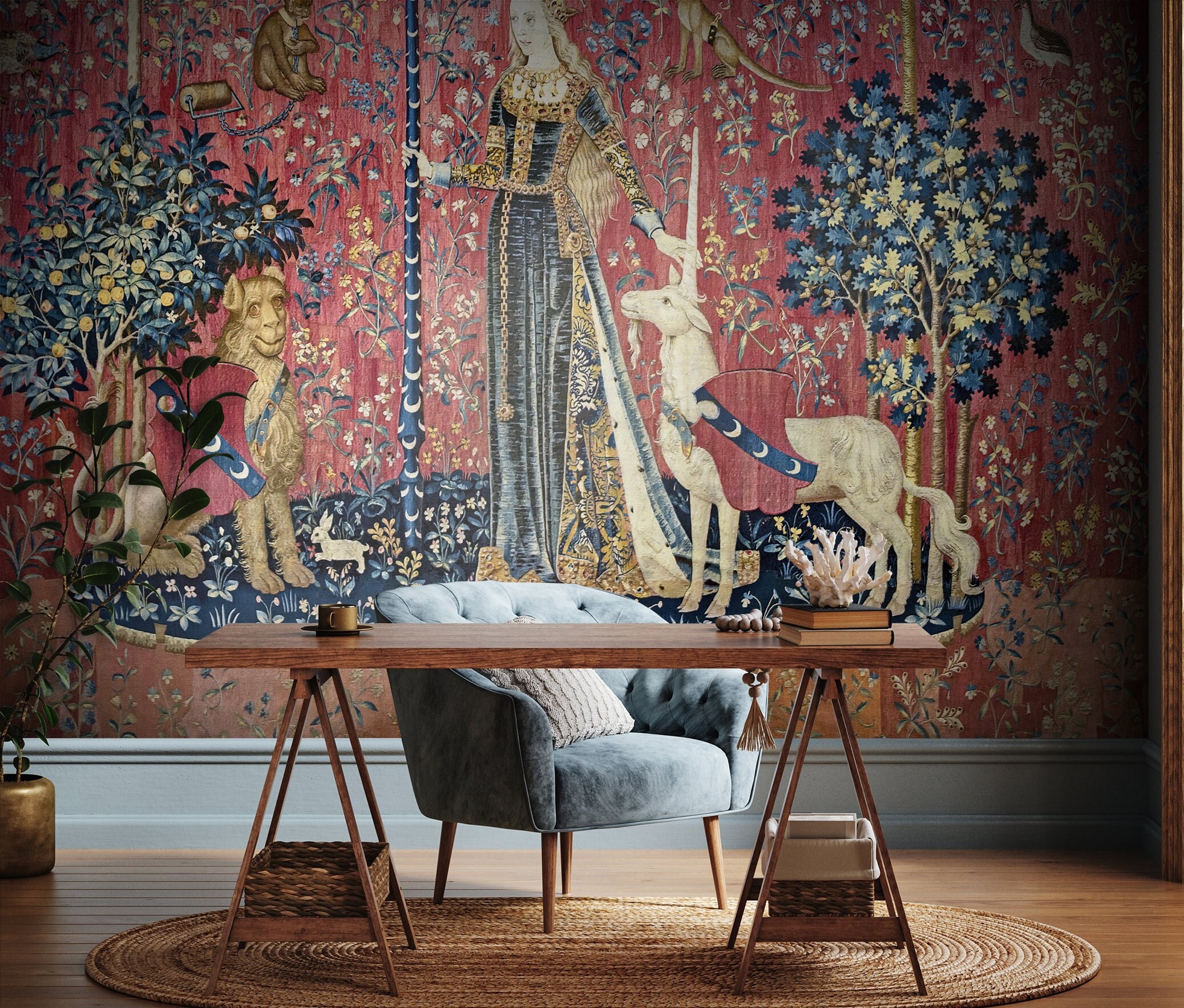 The Lady and the Unicorn Tapestry Wallpaper Unicorn Embroidery Art Wallpaper French Luxury Wallpaper Large Scale Historical Art 57 Etsy Canada
