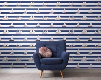 Nautisch zeilbootbehang: wit en blauw gestreepte muurmuurschildering #21