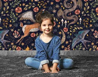Night Fairytale Wallpaper Mural: Dragon, Stars & Forest Animals #134