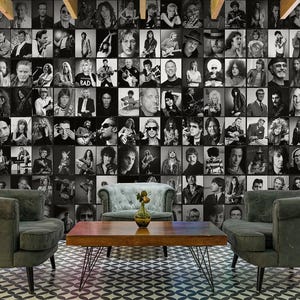 May include: Black and white photo collage wallpaper featuring portraits of musicians. The wallpaper is made up of many small squares, each containing a different musician. The musicians are all wearing different clothing and hairstyles, and some are holding instruments. The wallpaper is a great way to add a touch of personality to any room.