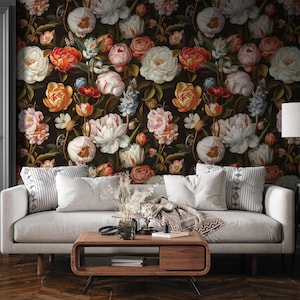 Carta da parati con fiori di peonia, murale floreale primaverile, carta da parati con maestri olandesi, grande stampa floreale, carta da parati con fiori vintage n. 93