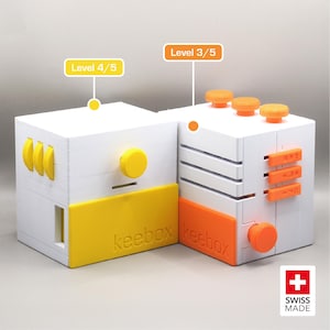 Paquete desafío Keebox (naranja y amarillo): salas de escape en una caja / cajas de rompecabezas de descubrimiento secuencial