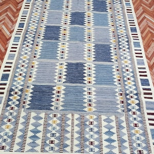 Blue Handwoven Kilim Rug 6x9 Flatweave Wool Rug 8 x10 Area Rug 4x6 for Bedroom Livingroom Home Decor Customize in all Size