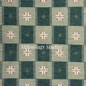 Handvävd grön kelimmatta: Skandinavisk design, 15x23 cm ullmatta