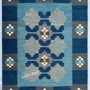 Handwoven Wool Kilim Rug: Blue Scandinavian Geometric Design