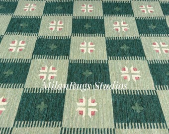 Alfombra de lana verde de estilo escandinavo, tejida a mano para sala de estar.