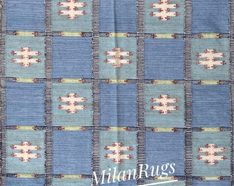 Handwoven Wool Kilim Rug: Blue Scandinavian Flatweave Rug, Farmhouse Decor Housewarming Gift