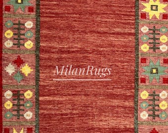 Red Wool Kilim Rug: Scandinavian Design, Handwoven Flatweave 8x10 Home Decor, Housewarming Gift