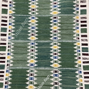 Green Swedish Scandinavian Style Modern Flatweave Wool Rug for 5x7 Living Room Rug, 8x10 Bedroom Rug- Customize in all Size