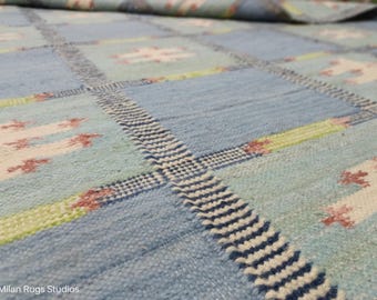 Handwoven wool Kilim Rug, Blue Scandinavian High Quality Flatweave Rug, 5x8 8x10 9x12 Rug for Living Room Office Customize in all size