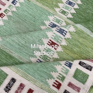 Handwoven Green Kilim Rug: Scandinavian Inspired Flatweave Wool Rug Home Decor