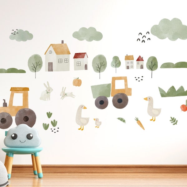 Wandtattoo Set Kinderzimmer - Bauernhof: Traktor, Gänse, Hasen, Häuser und Gemüse (Wanddeko, Wandsticker, selbstklebend, Wasserfarben)