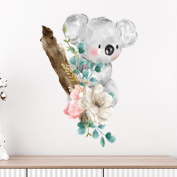 Ensemble de tatouage mural chambre d'enfant - Koala : avec un look aquarelle et des fleurs (décoration murale, sticker mural, autocollant)