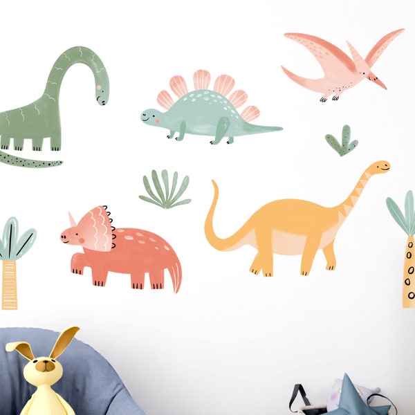 Wandtattoo Set Kinderzimmer - süße Dinos, Stegosaurus, Flugsaurier und Pflanzen  (Wanddeko, Wandsticker, selbstklebend, Buntstift)