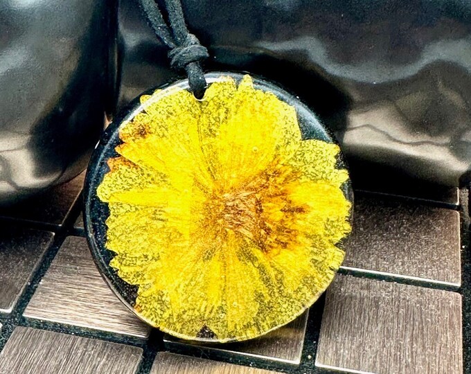 Necklace real flower, Yellow Coreopsis Crushed glass, resin pendant, handmade
