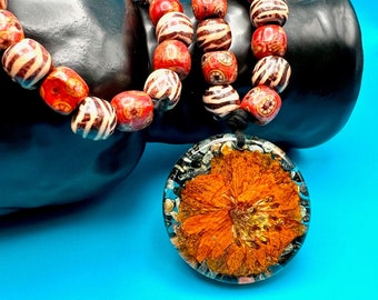 Beaded necklace pressed flower kambaba jasper woooden beads, handmade resin pendant