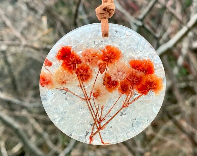 Necklace, dried flowers, babies breath, resin pendant, handmade