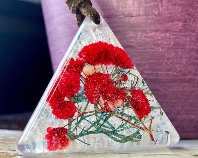 Necklace, press, flowers, red, baby breath, triangle, resin pendant, handmade