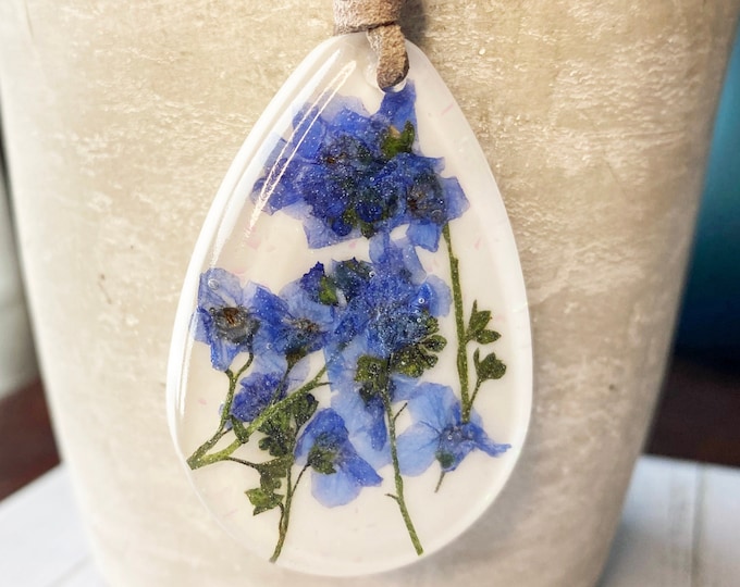 Forget Me Not Necklace, Tear Drop Necklace, Pressed Flower, Resin Pendant, Something Blue