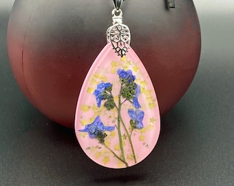 necklace pressed flowers forget me not something blue remembrance September birth, flower, teardrop, resin pendant, handmade pink