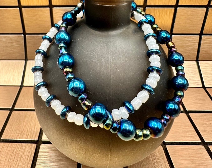 Beaded Bracelet Set Blue White Glass Bead Bracelets Handmade - Earth Dweller Jewelry