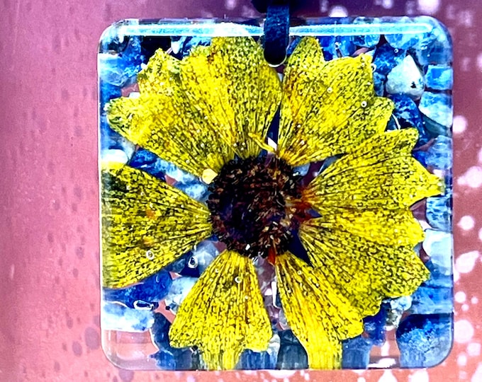 Necklace Pressed Flower Blue Sodalite Yellow Sunflower Resin Pendant Handmade