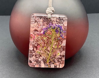 Rose Quartz Necklace, Pressed Flowers, Healing Crystals, Rectangle Resin Pendant, Dried Flower Jewelry - Earth Dweller Jewelry