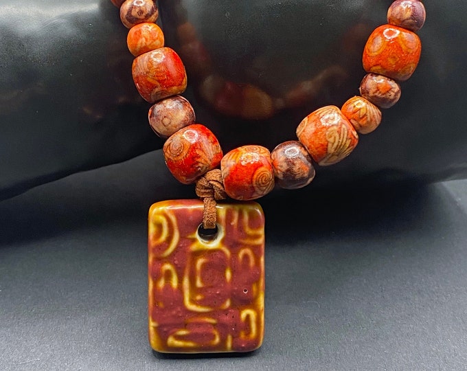 Bead necklace, ceramic pendant, artisan beads, terra-cotta handmade