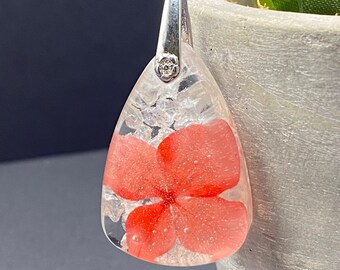Pink Geranium Necklace, Teardrop, Resin Pendant, 22-inch Black Cord, Scorpio Birth Flower, Floral Necklace - Earth Dweller Jewelry